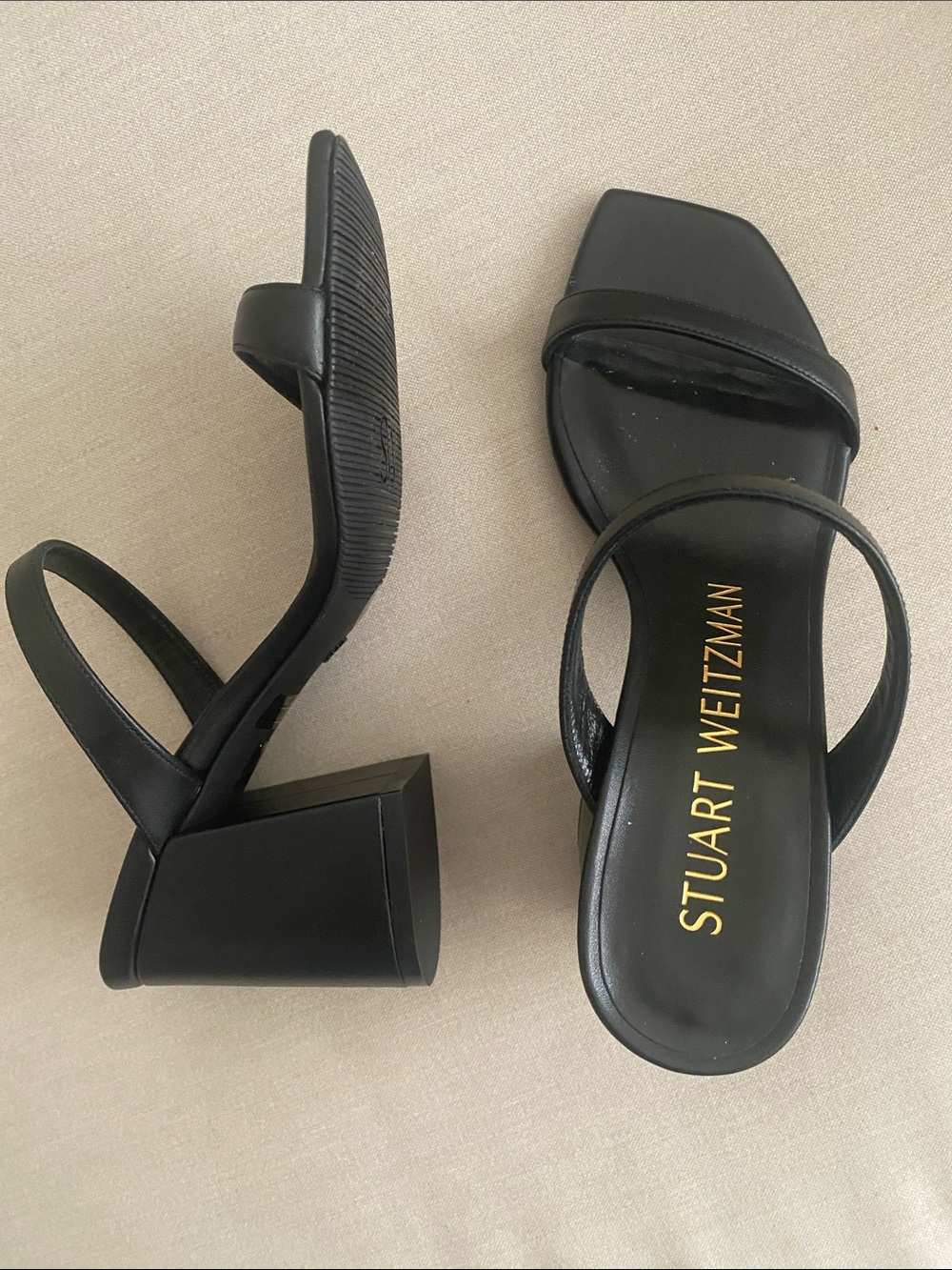 NWOT STUART WEITZMAN Flareblock 85 Calf Leather Straps Slide Sandal Size 6.5